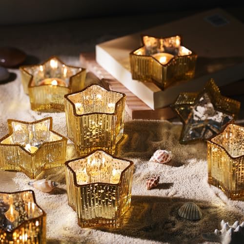 Letine 10pcs Gold Ribbed Candle Cups – Assorted Height Tea Light & Votive Candle Holders for Diwali, Wedding, Table Centerpiece, Fall & Holiday Decor – Lucky Star Jar (Tall 2.44", Short 1.57") by LETINE