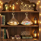 Potchen 1 Pcs Ramadan Tray Decor Eid Mubarak Date Holder with Clear Dome Lid Mardi Gras Serving Tray 6.69" Metal Gold Eid Al-fitr Dessert Container for Nuts Baklava Samosa Halva Candies Cookies - Image 4