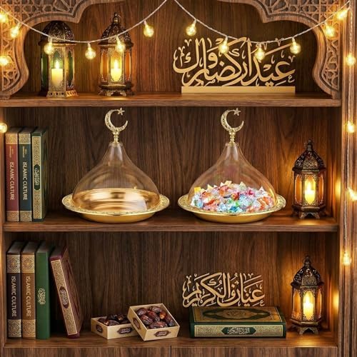 Potchen 1 Pcs Ramadan Tray Decor Eid Mubarak Date Holder with Clear Dome Lid Mardi Gras Serving Tray 6.69" Metal Gold Eid Al-fitr Dessert Container for Nuts Baklava Samosa Halva Candies Cookies - Image 4