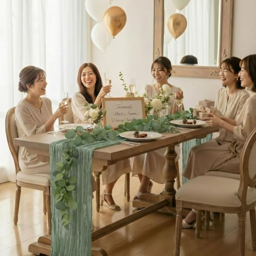 Leinuosen 8 Set 10 ft Sage Green Table Runner with Eucalyptus Garland - Image 5