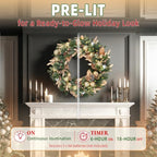 24 Inch Lighted Christmas Wreath with 30 Warm White LEDs and Timer, Battery Operated Pre-Lit Artificial Wreath with Pinecones, Ornaments and Gold Leaves for Front Door - Image 5
