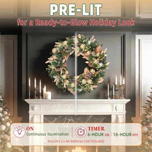 24 Inch Lighted Christmas Wreath with 30 Warm White LEDs and Timer, Battery Operated Pre-Lit Artificial Wreath with Pinecones, Ornaments and Gold Leaves for Front Door - Image 5