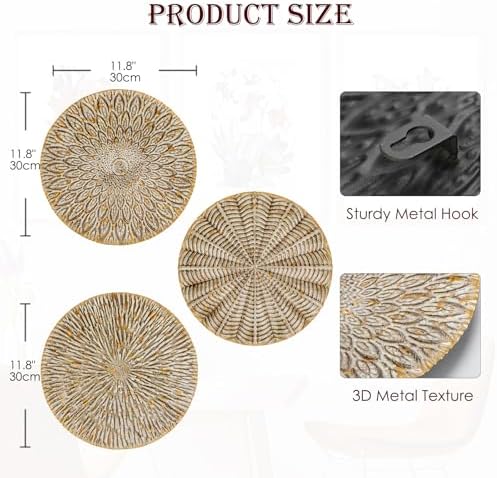 Arborus Set of 3 Rustic Floral Round Metal Wall Art - Intricate 3D Design with Sturdy Hooks, Gold and Beige Decorative Plates (11.8" Diameter) - Image 3