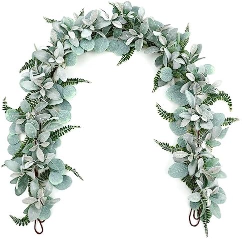 SHACOS Artificial Flocked Lambs Ear Garland with Eucalyptus Fern Leaves by SHACOS