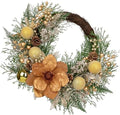 24" Christmas Wreath for Front Door – Artificial Winter Half Wreath with Bronze Maglonia Flower, Gold Ball Ornaments, Berry Clusters for Indoor & Covered Outdoor Holiday Christmas Decoration by Arborus