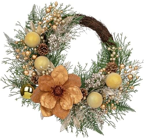 24" Christmas Wreath for Front Door – Artificial Winter Half Wreath with Bronze Maglonia Flower, Gold Ball Ornaments, Berry Clusters for Indoor & Covered Outdoor Holiday Christmas Decoration by Arborus