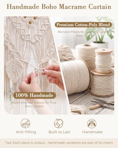 BECHAEO Boho Macrame Curtain with Leaves Tassels, 2PCS 39" x 79" White C - Image 5
