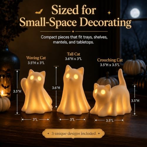 3PCS Ceramic Ghost Cat Light Up Decor Cat Ghost Halloween Decor - Image 5