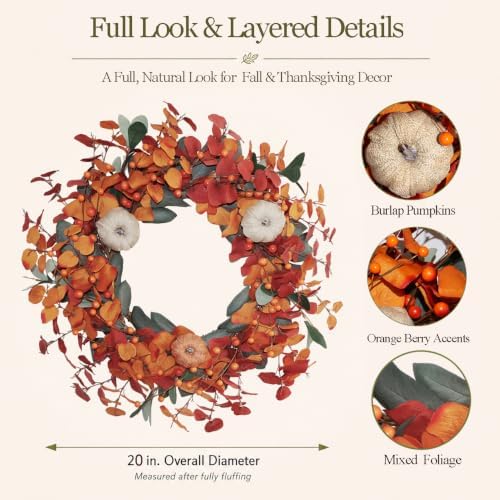 20 Inch Burlap Pumpkin Eucalyptus Fall Wreath for Front Door - Image 2