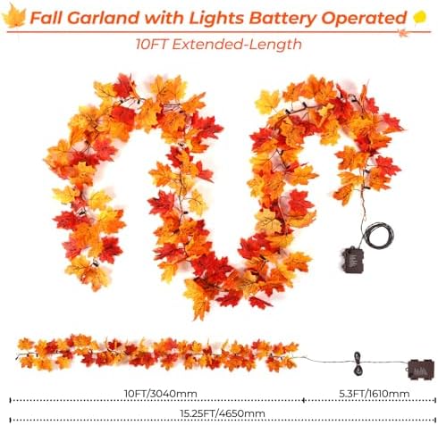 Fall Garland with Lights Battery Operated,10FT 50 Orange Bulbs Lighted Fall Leaves Garland,Fall Decorations for Home Thanksgiving,Mantel,Fireplace,Porch,Halloween,Table Decor Indoor Outdoor(1 Pack) - Image 3