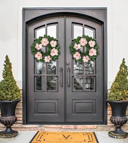 24" Artificial Wreath for Front Door Pink Magnolia Wreath Greenery for Easter Spring Housewarming Wedding Farmhouse Mantel Door Decoration - Image 5