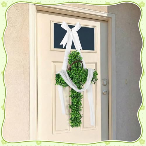Zeyune Large He is Risen Cross Wreath Green Faux Plant Wooden Design Foldable Easter Door Wreath Decoration for Front Door Christian Faith Hanging for Spring Home Porch Farmhouse - Image 2