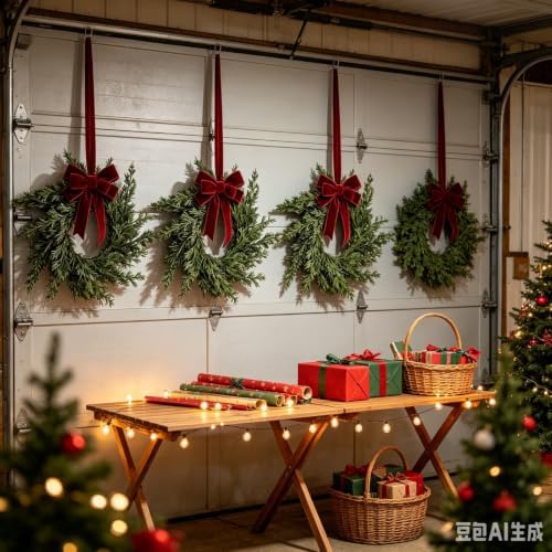 6 Pcs Small 4th of July Hanging Wreaths for Cabinets Patriotic Mini Candle Ring Wreath with Red White Blue Flowers (6, Winter Greenery Cedar Burgundy Bow) - Image 5