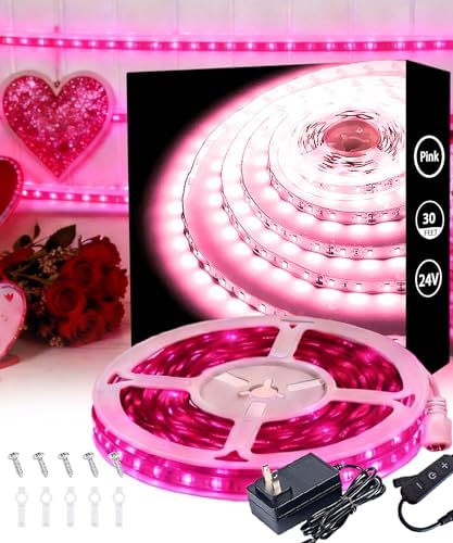 Pink 30ft Led Lights Strip Valentines Day Decor Rope Lights Easy DIY Princess Bedroom Cuttable Strip Lights for Baby Room Bathroom Living Room Kitchen Ceiling Wall Vanity Mirror Decoration by Aalnfe