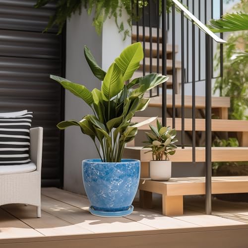 Ceramic Flower Pot - 10 Inch Planter with Drainage Hole and Saucer, Modern Large Planters, Decorative Plant Pot for Indoor Ourdoor, Room Home Garden Porch Decor, Plant Lover Gifts, Blue - Image 5