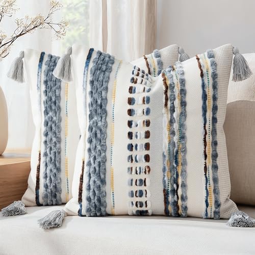 NUYECY Boho Throw Pillow Covers 18x18 Aesthetic Neutral Boucle Couch Pillow Cover Rainbow Striped Decorative Accent Pillow Case for Couch Bed Sofa Farmhouse,Modern Funky,Set of 2 Brown-Grey - Image 2