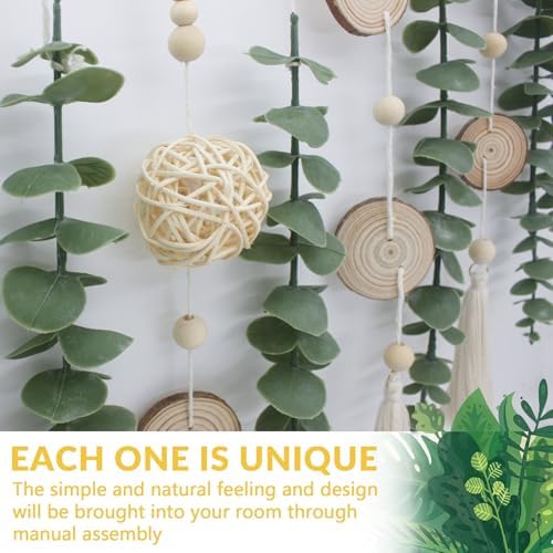 Artificial Eucalyptus Wall Decor with Wicker Ball Natural Boho Home Decorations Hanging Wooden Bead Garland for Large Bedroom Bathroom Living Room, 32 x 32 Inch - Image 3