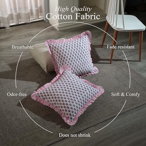 CPC Pink Sapphire Ruffle Throw Pillow Covers for Couch, 18x18 Inch Cotton Stripe Ruffle Couch Pillows for Living Room, Hidden 14 Inch Zipper Boho Pillow Case or Cute Outdoor Pillows - Image 3