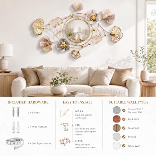 47" Large 3D Ginkgo Floral Metal Wall Decor Mirror - Image 5