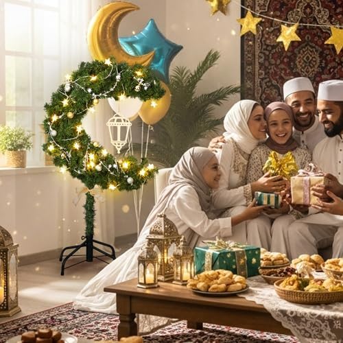Glooglitter 3ft Ramadan Moon Tree: Lighted Crescent Artificial Tree with Star String LED Eid Outdoor Decoration for Eid Ramadan Garden Home Bedroom Party Decor(Green) - Image 5