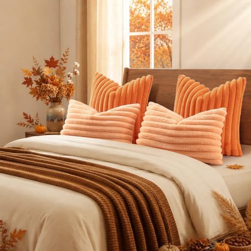 decorUhome Fall Faux Fur Throw Pillow Covers 26x26 Set of 2 Pumpkin Orange - Image 6
