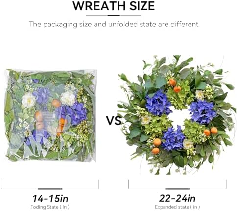 Spring Wreaths for Front Door 24 Inch, Summer Wreath Outdoor，Silk Hydrangea Wreath with White Blossoms & Mini Mandarins, Rustic Farmhouse Indoor & Outdoor Seasonal Wreath, Spring&Summer Home Decor - Image 5