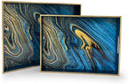 Decorative 2 pcs Tray Set with Gold Handles, Elegant Luxury Style, for Living Room, Kitchen and Vanity (Marble Blue Design) by Unknown