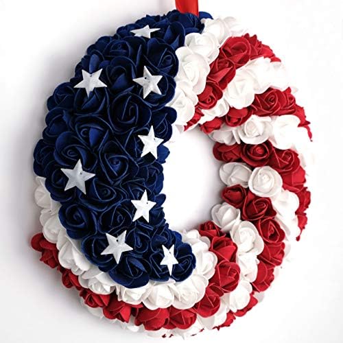 idyllic July 4th Patriotic Americana Wreath Boxwood Handcrafted Memorial Day Wreath Festival Garland Decoration Front Door Wall Home Decor (Blue) - Image 3