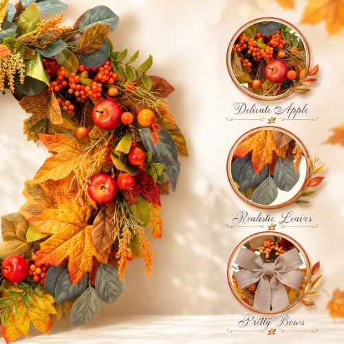 Suncalla 24" Fall Apple Wreath for Front Door, Maple Leaves Harvest Decor - Image 4