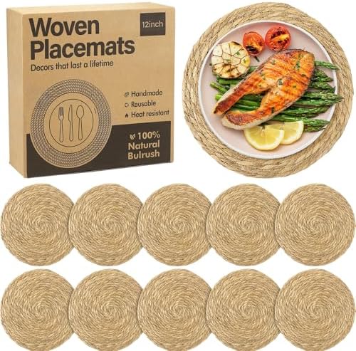 Elcoho 10 Pieces Round Woven Placemats 12 Inch Boho Rattan Placemats Farmhouse Braided Place Mats Woven Plate Chargers Rustic Wicker Table Mats for Dining Table by Elcoho