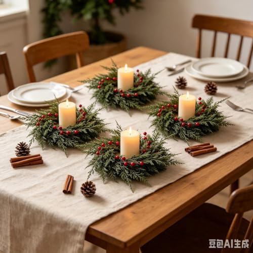 6 Pcs Small 4th of July Candle Ring Wreath with Red Blue White Daisy Artificial Hydrangea Flowers Mini Independence Day Candle Holder Wreath (4, Artificial Cedar Red Berries) - Image 4