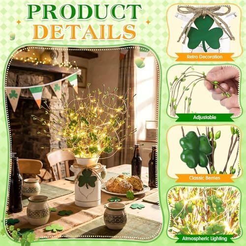 Tioncy 2 Sets St. Patrick's Day Table Centerpieces Artificial Berry Stems Shamrock Flower Pick with Metal Vase and String Light Rustic Farmhouse Irish St Patrick's Day Decorations for Home Office Desk - Image 3