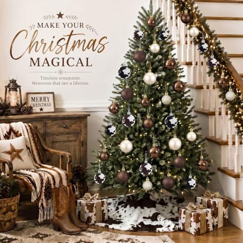 Lunmon 64 Pcs Cow Print Christmas Ball Ornaments Brown Cowhide Western Cowboy Xmas Bulbs 1.6/1.97/2.4 Inch Champagne Bronze Plastic Hanging Decor Assorted Size Xmas Decor for Home Tree Wreath Party - Image 2