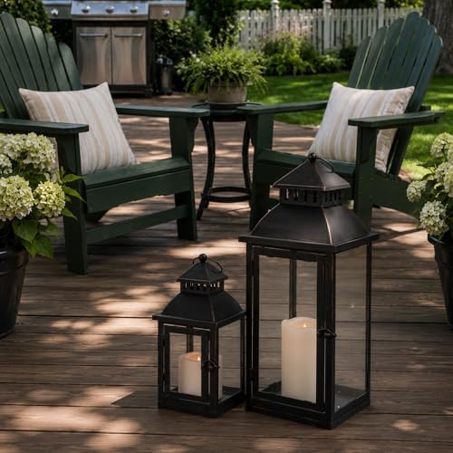 NEEDOMO Lanterns Decorative Outdoor&Indoor, Set of 2 Large Bronze Metal Lantern Decor with Glass, Candle Holder for Porch, Patio, Garden, Balcony, Wedding, Table Centerpiece Decor with LED Candles - Image 2