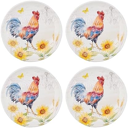 UP Sunshine Rooster Melamine Round Dessert Plates, Small Serving Plates, for Appetizer, Snacks, and Side Dishes, Multicolor, 6 Inch, Set of 4 by UPware