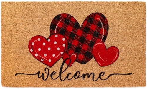 Whaline Valentine' s Day Doormat Natural Coir Welcome Floor Mat Plaid Dot Love Heart Rectangle Entrance Door Rug for Indoor Outdoor Home Bathroom Decor, 16.5 x 29 Inch by Whaline