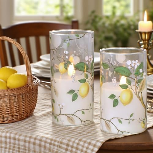 Flameless LED Candles with Remote Lemon Decal Glass Flickering Battery Operated Candles for Home Room Party Wedding Holiday Christmas Decor - Set of 3 - Image 3