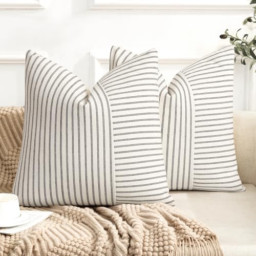 YCOLL Farmhouse Euro Sham Pillow Covers 24x24, Modern Throw Pillow Covers Set of 2, Black and Beige Striped Patchwork Linen Decorative Pillows Cushion Covers for Bed Sofa Couch Living Room Home Decor by PillowCoversExpert