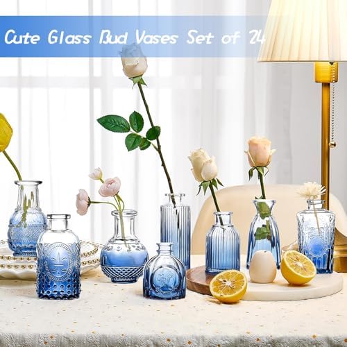 KOIUEYW Bud Vases Set of 24, Gradient Blue Vintage Small Vases for Flowers, Clear Crystal Mini Glasses in Bulk, Small Flower Design for Centerpieces Wedding Home Flower Party Decor - Image 2
