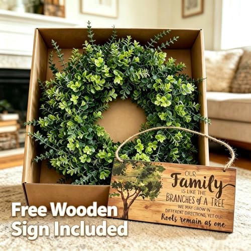 26" Eucalyptus & Boxwood Wreath for Front Door - Large Artificial Greenery Wreath with Lush Leaves Outdoor Decor for Porch, Window, Farmhouse, Home, Hanging Decor - Spring, Summer, All Seasons - Image 3