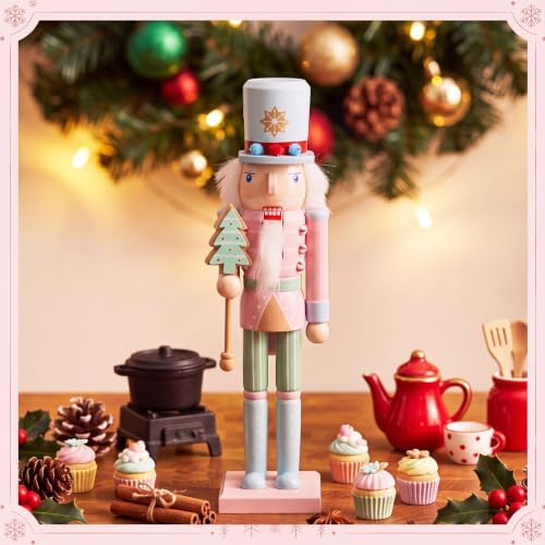 Blosssound 15" Christmas Nutcracker Decorations Wooden Pastel Pink Figurine - Image 6