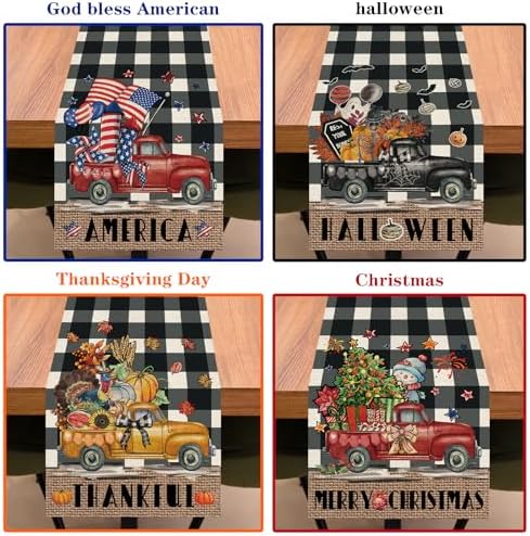8 Pcs Truck Holiday Table Runners 72 Inches Long, Rustic Truck Fall Winter Halloween Christmas Burlap Table Runners, Car Buffalo Plaid Dining Table Decor for Farmhouse Garden Party Supplies - Image 6
