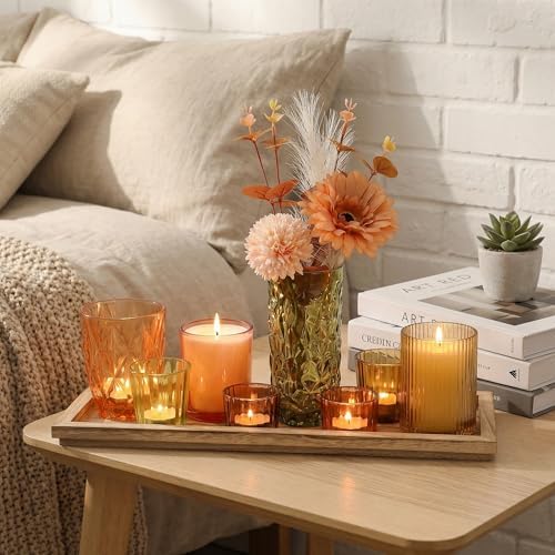 Votive Candle Holders Set with Wooden Tray - 8 Piece Rustic Colored Glass Candlestick & Solid Wood Centerpiece Decor for Mantel, Dining Table, Farmhouse Wedding Decor - Image 4
