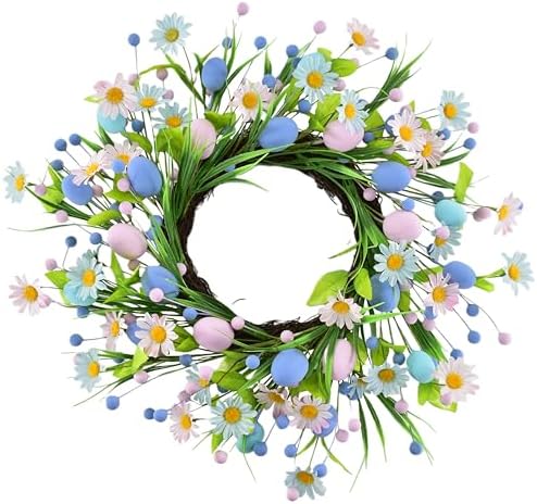 Spring Easter Wreaths for Front Door in 16 inch, Artificial Daisy Easter Egg Decorative,Farmhouse Spring Decorations, Front Door, Wall, Wedding, Easter,Spring(Blue&Pink) by Unknown