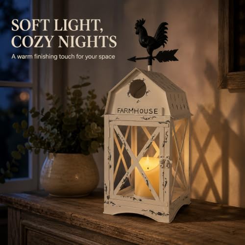 Farmhouse Decorative Lantern with Rooster Top, White Metal Candle Holder - Image 7