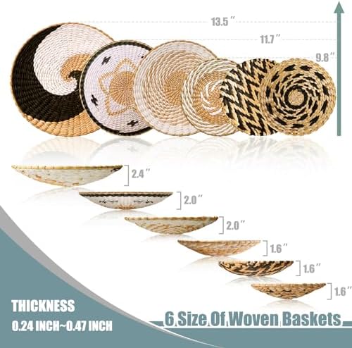 Set of 6 Large Round Rustic Farmhouse Trendy Wall Decor - Rattan Seegrass Handcrafted Hanging Woven Wall Baskets With Attached Hooks - Perfect For Bedroom & Living Room Decor - Image 6
