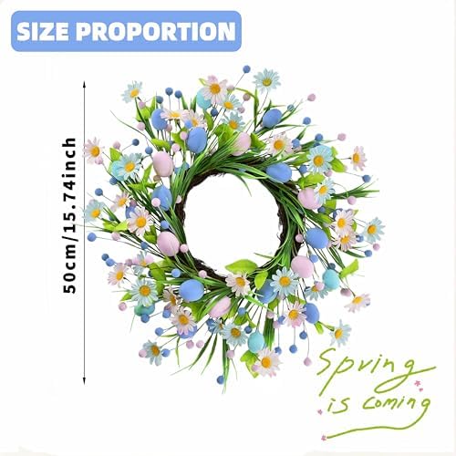 Spring Easter Wreaths for Front Door in 16 inch, Artificial Daisy Easter Egg Decorative,Farmhouse Spring Decorations, Front Door, Wall, Wedding, Easter,Spring(Blue&Pink) - Image 2