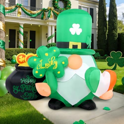 St Patricks Day Inflatables Outdoor Decorations, 4FT Inflatable Lucky Gnome Leprechaun with Shamrock, Pot of Gold & Irish Heart, LED Lights St. Patrick's Blow Up Yard Decor for Outside Garden Lawn - Image 2