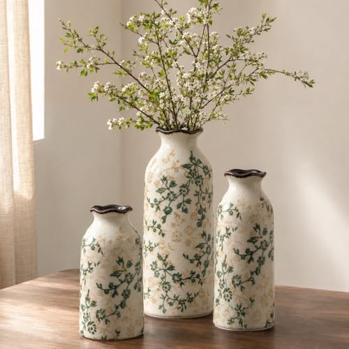 Green Vintage Vase Set of 3, Ceramic Vase Set Chinoiserie Decor by LUSASIN