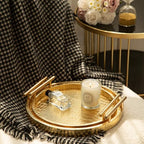 Modern Decorative Tray Set of 2, Wooden Round Crocodile Leather Tray with Polished Metal Handles, Decorative Serving Trays Coffee Table Trays Ottoman Platter for Home Decor (Golden) - Image 7